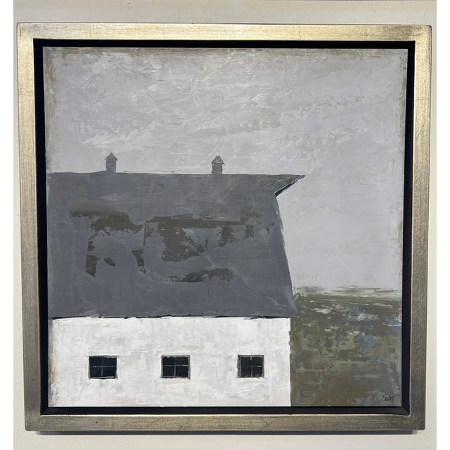 This artwork features a minimalist representation of a grey barn under a muted sky, emphasizing simplicity and...