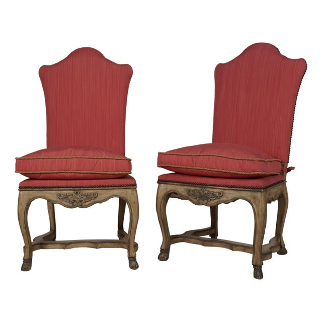 Mid 20th Century Exquist Pair of Regency Painted Chairs Red Brass-Tacked Upholstery Multi Color Rope Piping For Sale