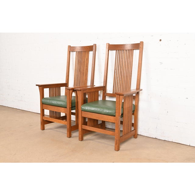 Stickley Mission Oak Arts & Crafts Spindle High Back Arm Chairs, Pair For Sale - Image 12 of 12