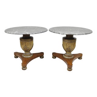 Vintage Italian Neoclassical Style Urn Pedestal Round Marble Side Tables - Pair For Sale