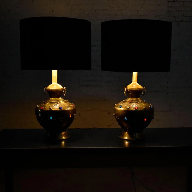 Mid 20th Century Tibetan Brass Lamps Hand Hammered With Glass Jewel Detail & New Black Shades, a Pair For Sale - Image 9 of 14