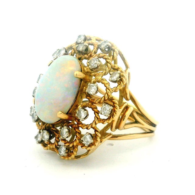 Vintage Italian Opal & Diamond Cocktail Ring | 14k Gold Mid-Century Statement, Size 6 For Sale - Image 10 of 16