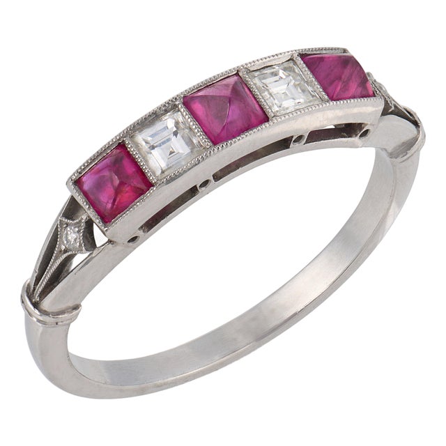 Vintage Ruby Diamond Platinum Five Stone Ring, Size 6.25 For Sale