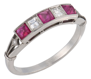 Vintage Ruby Diamond Platinum Five Stone Ring, Size 6.25