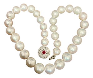11.5-15 mm White South Sea Round Pearl Necklace Diamond Ruby Clasp, Vintage PT