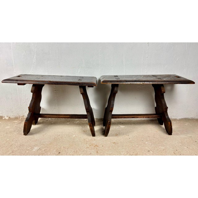Pair of Rustic Spanish Wooden Stools, 1900s For Sale - Image 10 of 12