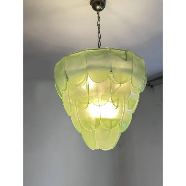 Luxury modern chromed chandelier with green "petals" in murano glass. hand-made in murano glass , all made in italy ,a...