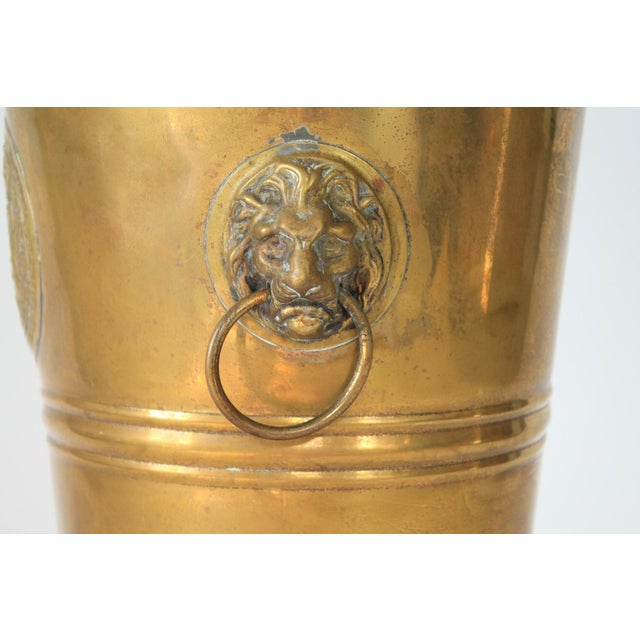 Mid 20th Century Vintage Brass Lion Head Umbrella Stand W/ Intricate Medallion For Sale - Image 5 of 13