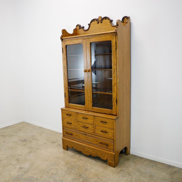1940s Industrial Solid Oak Library Bookcase with Drawers For Sale - Image 9 of 18