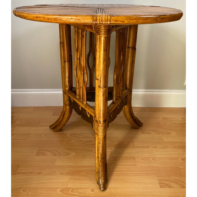 Brown Sculpted Bamboo Side Table With Hand Decorated Top For Sale - Image 8 of 9