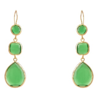Mystic Green Cat Eye Gold Dangle Earrings, A Pair For Sale