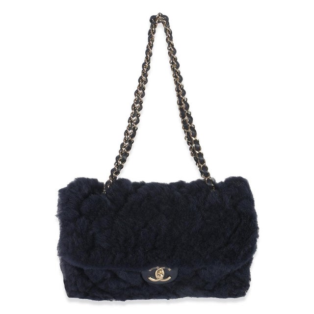 Blue Navy Shearling Quilted Lambskin Medium Flap Bag For Sale - Image 8 of 8
