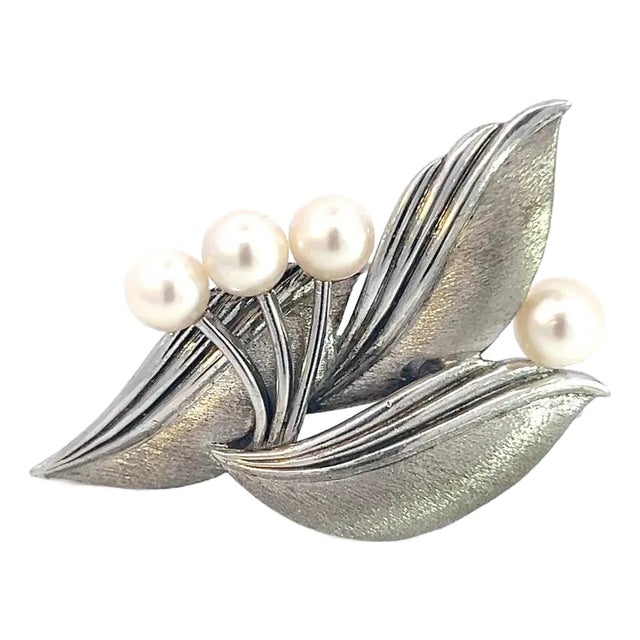 1990s Mikimoto Estate Akoya Pearl Floral Brooch Sterling Silver For Sale