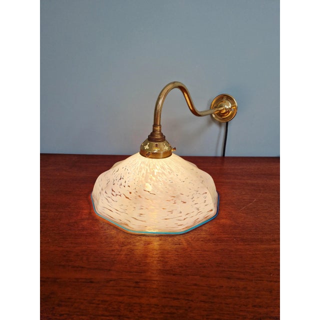 Swan Neck Wall Light in Brass and Blue Speckled Glass, 1930s For Sale - Image 9 of 12