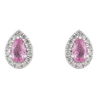 Natural Pear Cut Pink Sapphire & Diamond Halo Stud Earrings in 18k White Gold- 2 Pieces For Sale