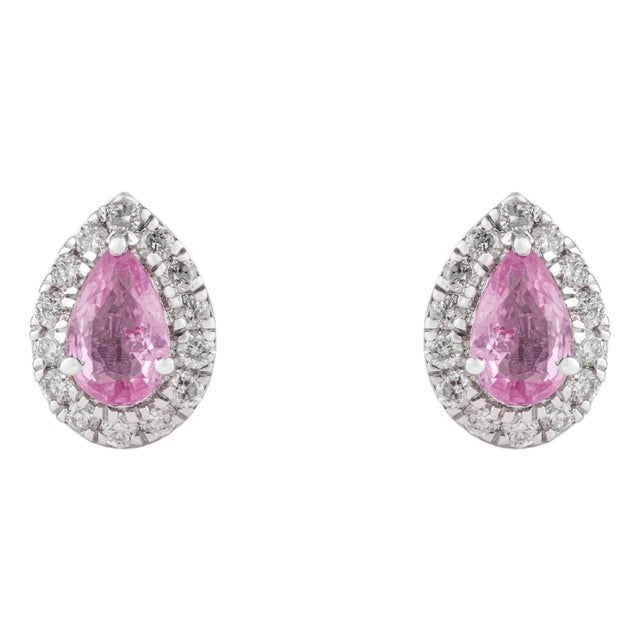 Natural Pear Cut Pink Sapphire & Diamond Halo Stud Earrings in 18k White Gold- 2 Pieces For Sale