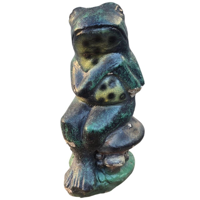 Anthropomorphic Adoring Frog Mushroom Cement Sculpture Yard Art Loving Statue -Measures about 12.25" tall x 5.5" wide x...