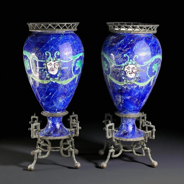 Rare pair of late 19th-century french vases in the style of émaux de longwy, retailed by the prestigious maison a. Giroux,...
