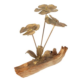 Mid Century Modern Brutalist Style Brass Flower Sculpture on Driftwood For Sale