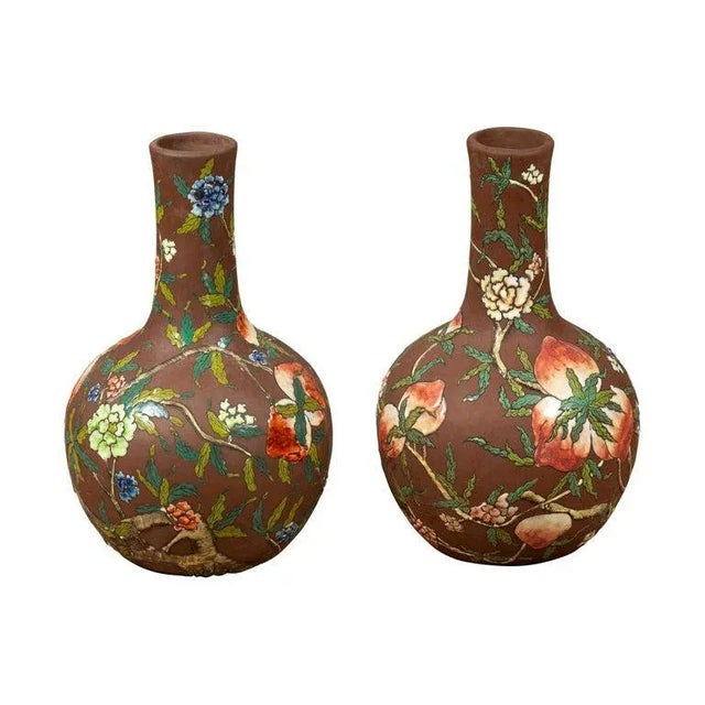 Vintage Chinese Kendi Shape Brown Vases with Floral and Fruit Décor - a Pair For Sale - Image 13 of 13