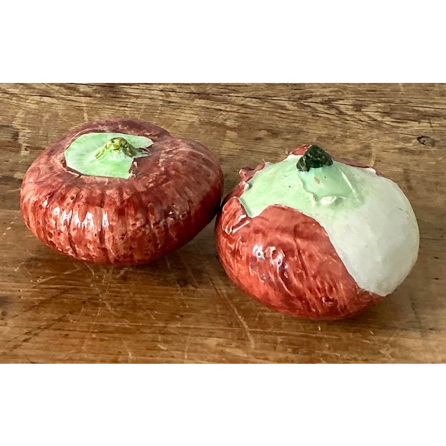 This exquisite set of two vintage Italian majolica persimmons is a delightful example of the trompe l’oeil tradition in...