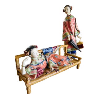 Vintage Chinese Famille Rose Porcelain Court Lady Figurines, Zuichun Pottery – Pair For Sale