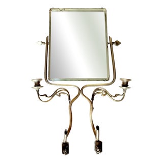 Nickel-Plated Wrought Iron Mirror with Candleholder and Clamps, 1930s For Sale