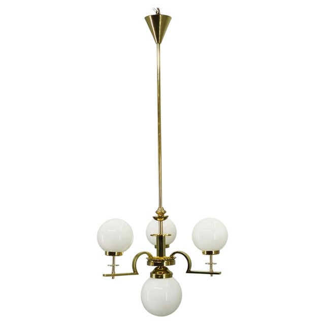 Vintage Art Deco Brass and Opaline Glass Globe Chandelier, Czechoslovakia, 1930s For Sale - Image 12 of 12