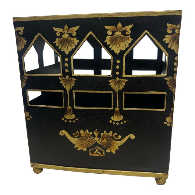 1980s Vintage Italian Style Tole Black and Gold Wastebasket. For Sale