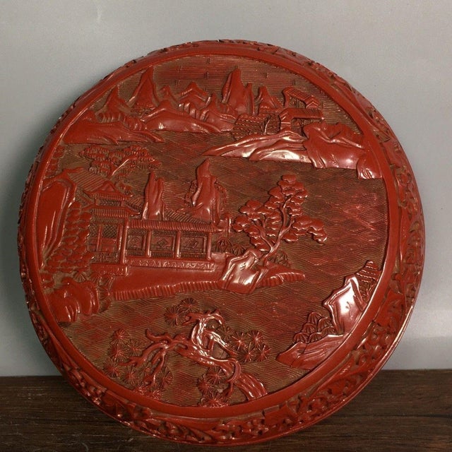 Chinoiserie Carved Cinnabar Lacquer Round Lidded Box, Landscape Pavilion Scene Chinoiserie Jewelry Box For Sale - Image 3 of 9