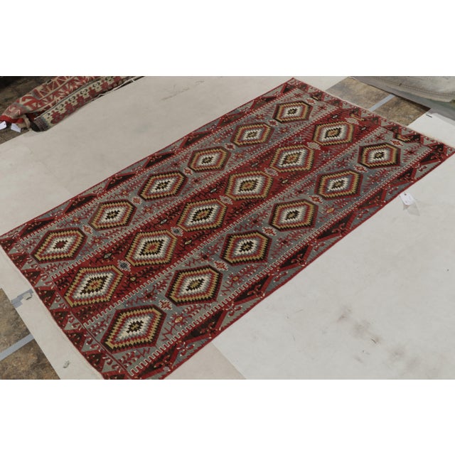 Tribal 1950s Vintage Kilim in Blue, Red and White Tribal Geometric Pattern For Sale - Image 3 of 7