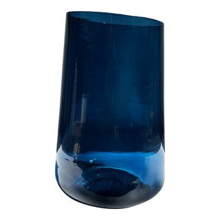 1980s Deep Turquoise Blue Angled Glass Vase For Sale