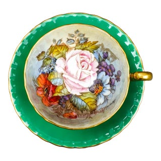 Anysley j.a. Bailey Signed Vintage Pink Cabbage Rose Green Gold Tea Cup & Saucer For Sale
