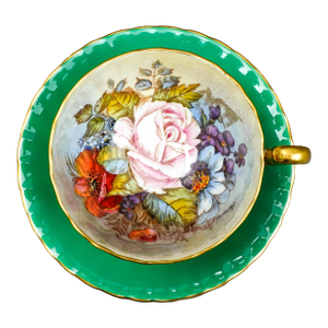 Anysley j.a. Bailey Signed Vintage Pink Cabbage Rose Green Gold Tea Cup & Saucer