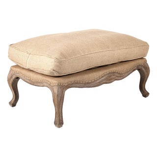 Belmont Cushion Ottoman - Hemp Herringbone Linen / Carved Oak Frame For Sale