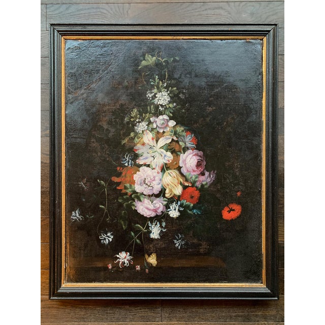 This evocative oil-on-canvas painting comes from a rich tradition of Dutch and Flemish floral still-life paintings. It was...