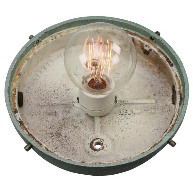 Vintage Industrial French Green Cast Iron and Frosted Cut Glass Flush Mount by Holophane For Sale - Image 6 of 7