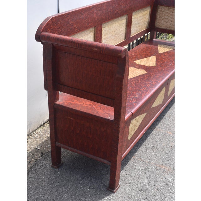 1910s Pine and Oak Storage Bench in Decorative Paint For Sale - Image 5 of 13