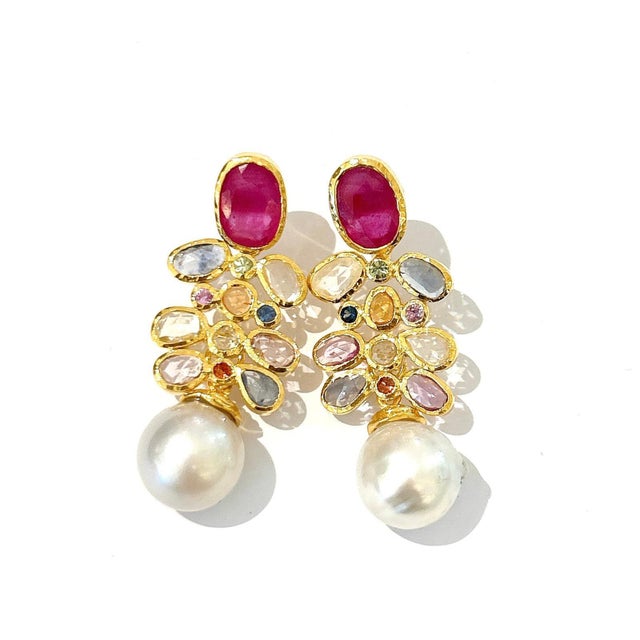 Bochic "Capri" Vintage Ruby & Multi Sapphire Earrings Set In 18K Gold & Silver For Sale - Image 17 of 18