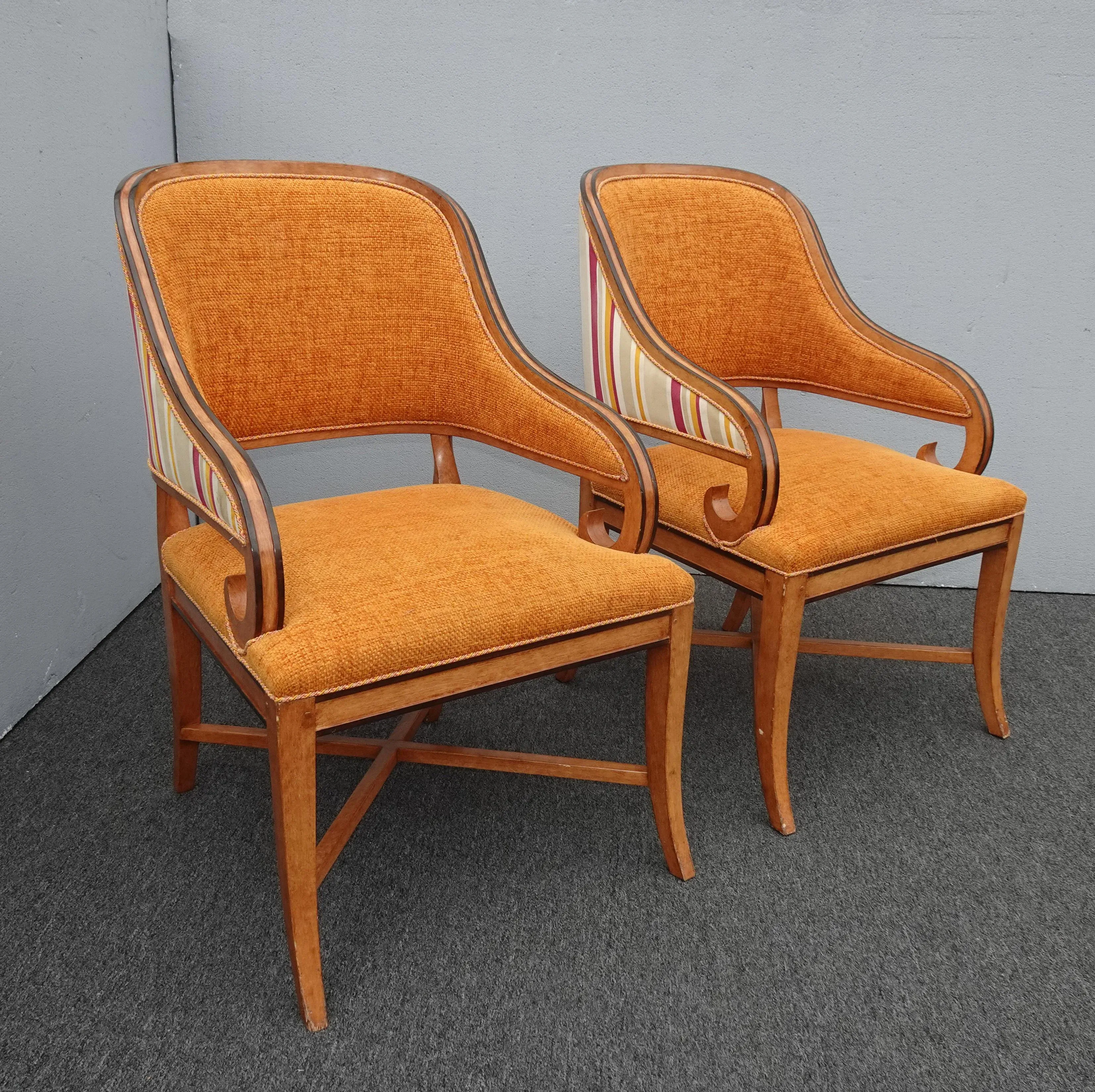 Pair of William Switzer Fine Furniture Orange Stripped Arm Chairs