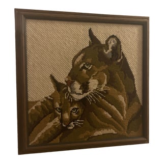 1970s Female Lion & Cub Framed Crewel Textile Art For Sale