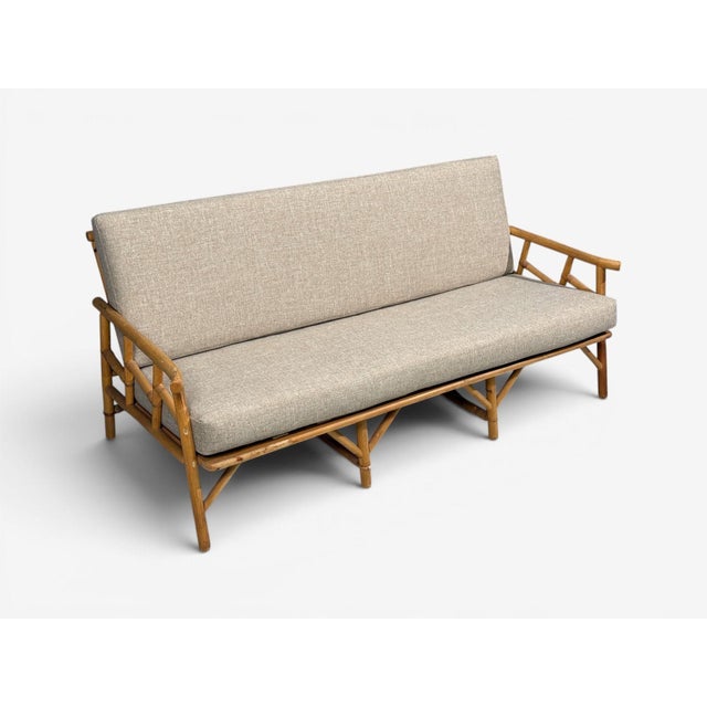 Ficks Reed, American Mid-Century Modern, Three Seater Sofa or Settee, Bamboo, Cane, Beige Tweed Fabric, USA, 1950s A...