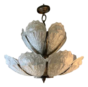 1930s French Art Deco Cast Frosted Glass and Nickeled Bronze Chandelier