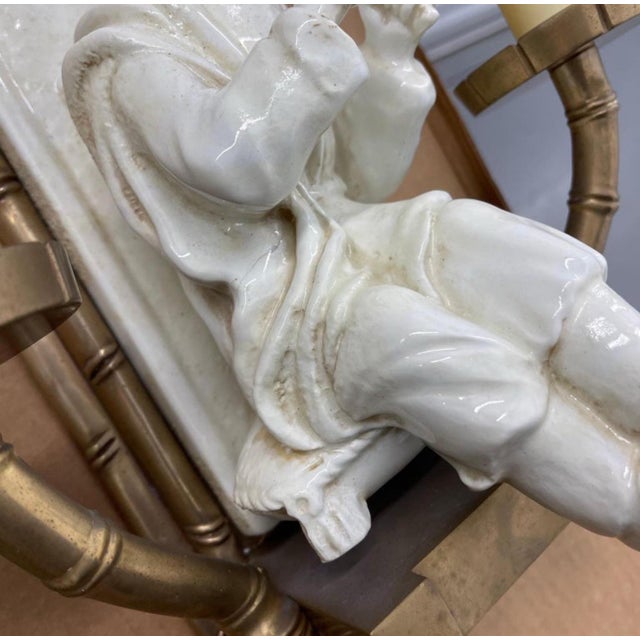 Chapman Manufacturing Company Vintage Chapman Chinoiserie Faux Bamboo Brass, Ceramic Two-Light Sconces, a Pair For Sale - Image 4 of 12