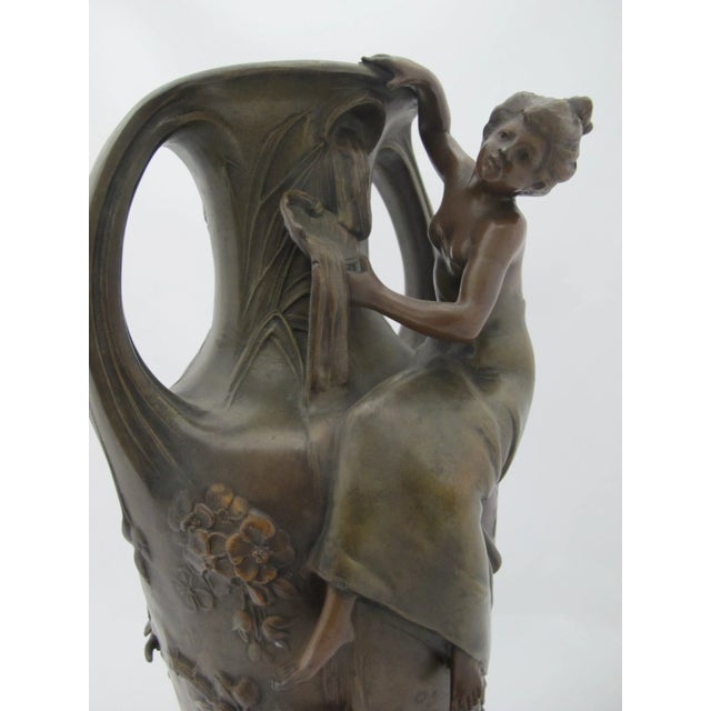 Francois Moreau Signed Female Figural Bird & Flower Art Nouveau Bronze Vase Pair For Sale - Image 9 of 17