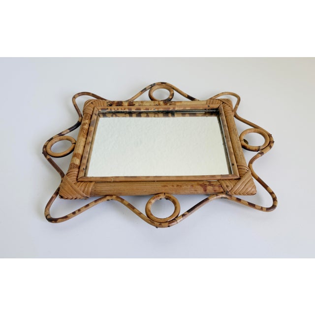 Brown 1960s Italian Riviera Style Burnt Bamboo Rattan Wall Mirror With Scalloped Frame For Sale - Image 8 of 10