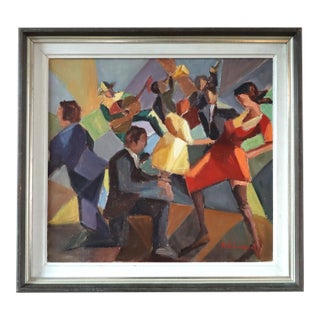 Mid-Century Modern 'Dance the Night Away' Vintage Swedish Cubist Figurative Oil Painting, Framed For Sale