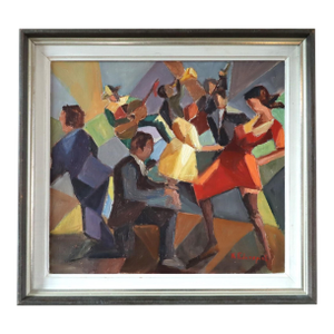 Mid-Century Modern 'Dance the Night Away' Vintage Swedish Cubist Figurative Oil Painting, Framed