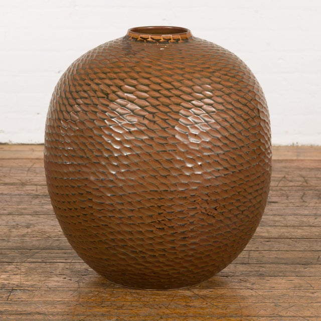 Prem Collection Handcrafted Brown Vase with Textured Honeycomb Style Motifs For Sale - Image 12 of 12