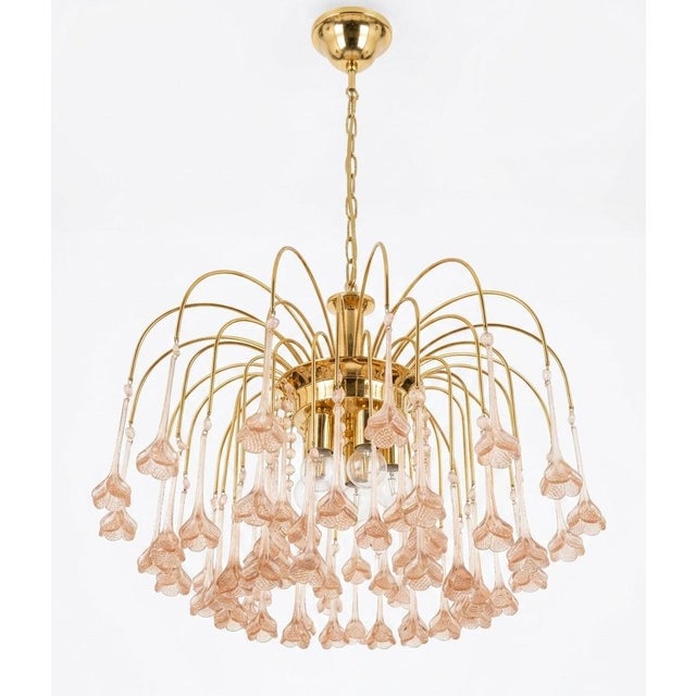 Vintage Gold Rain Chandelier with Handmade Murano Glass Pink Flowers, Italy, 1960 For Sale - Image 9 of 16